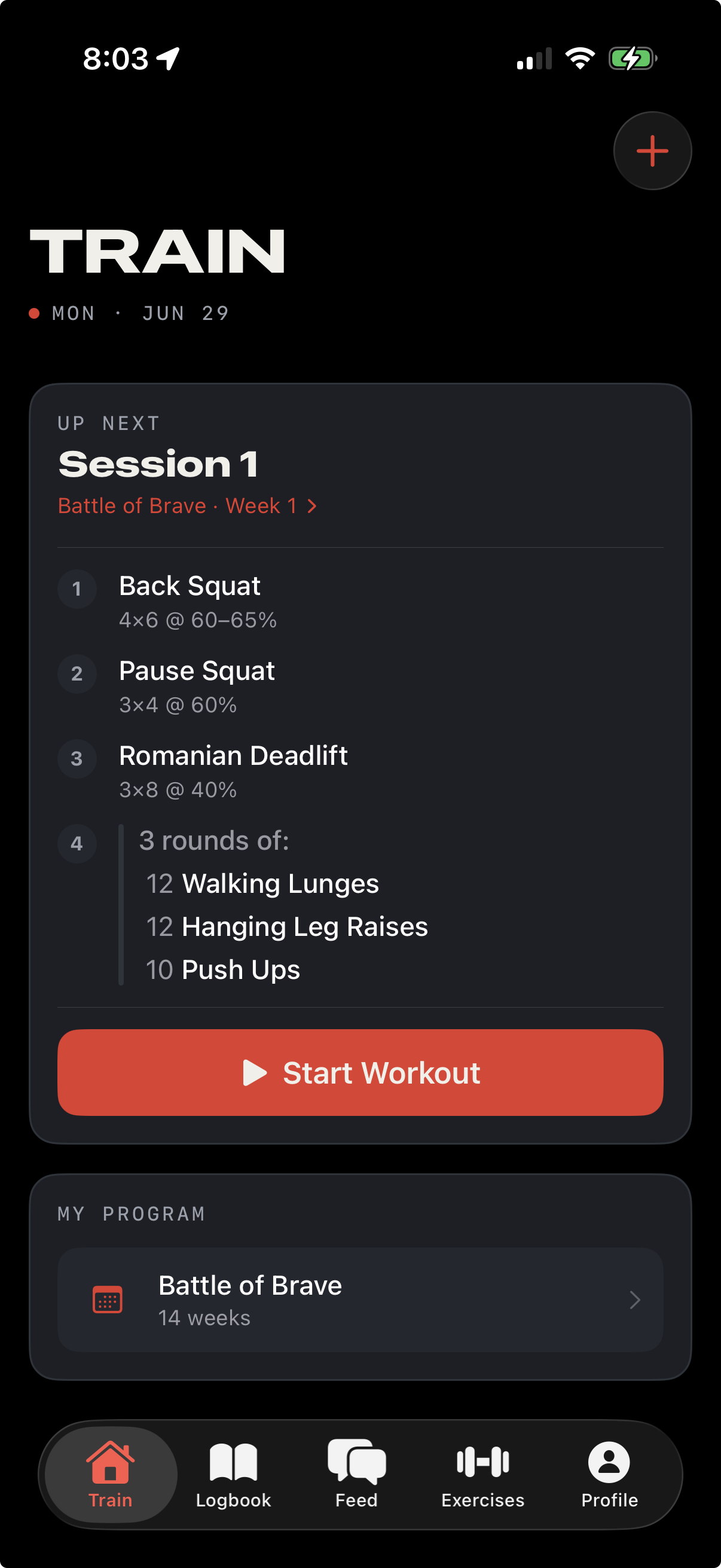 Repcast Train screen with the next session from the Battle of Brave program queued and ready to start