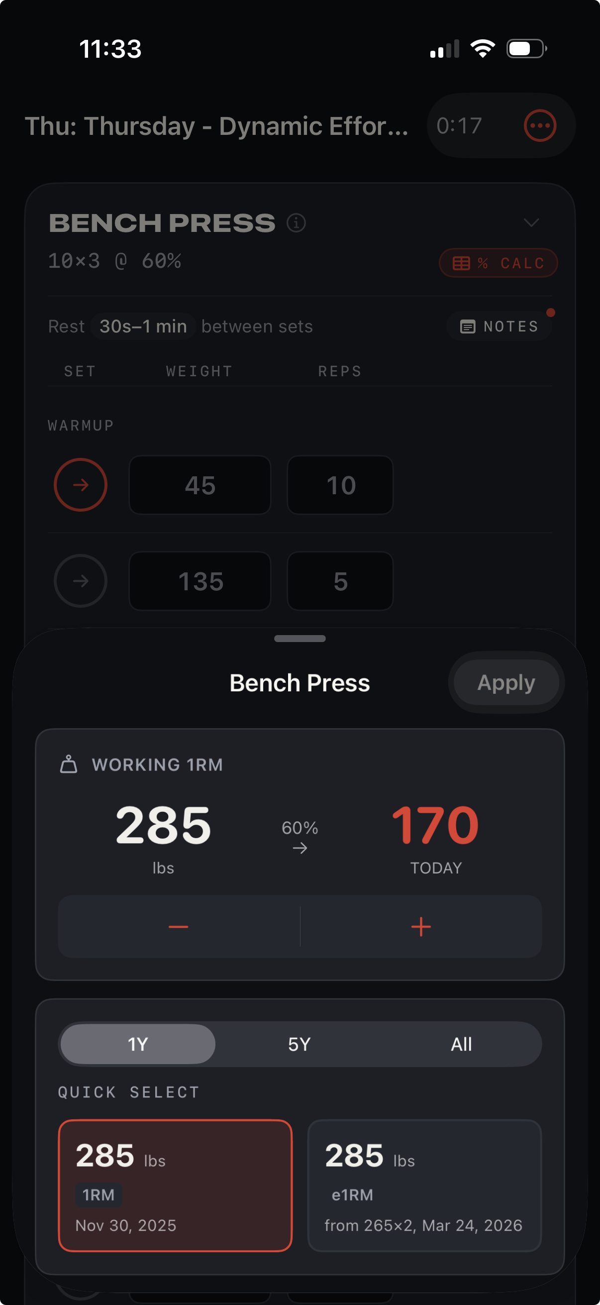 Repcast working max quick view with percentage-based loading for a lift