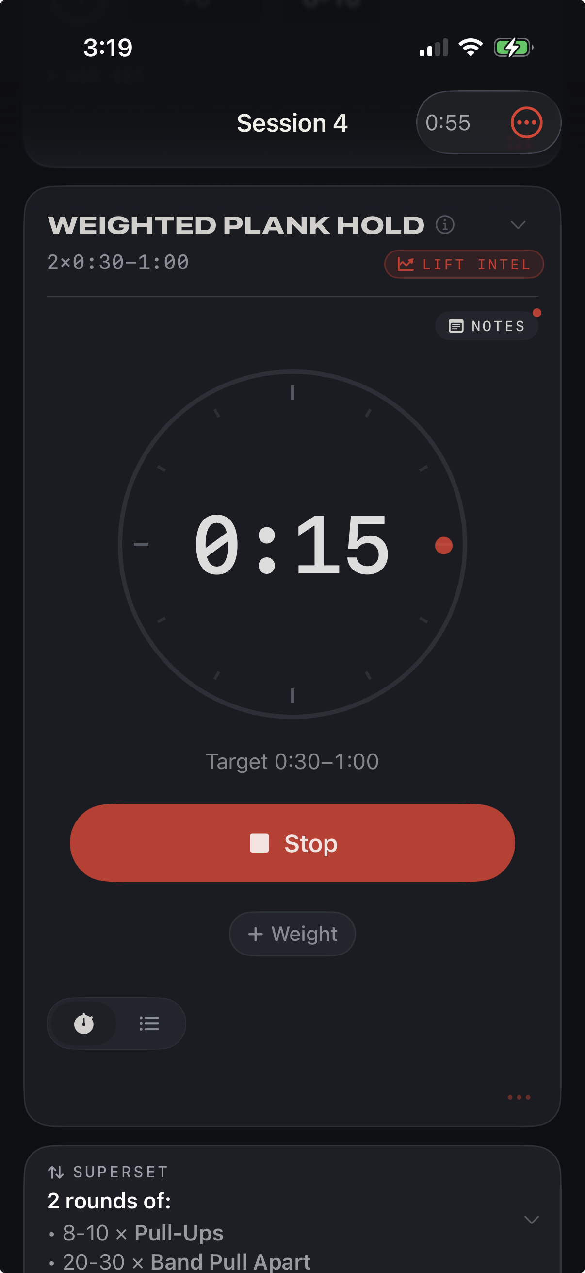 Repcast tracking a weighted plank hold against a time target on a built-in timer